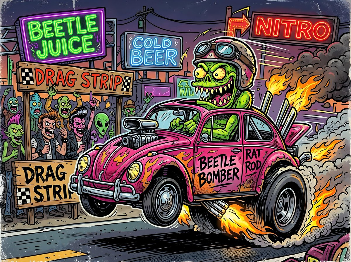 Flux 3 (flux-3.org) prompt example: Cartoon Monster Rat Rod Drag Race