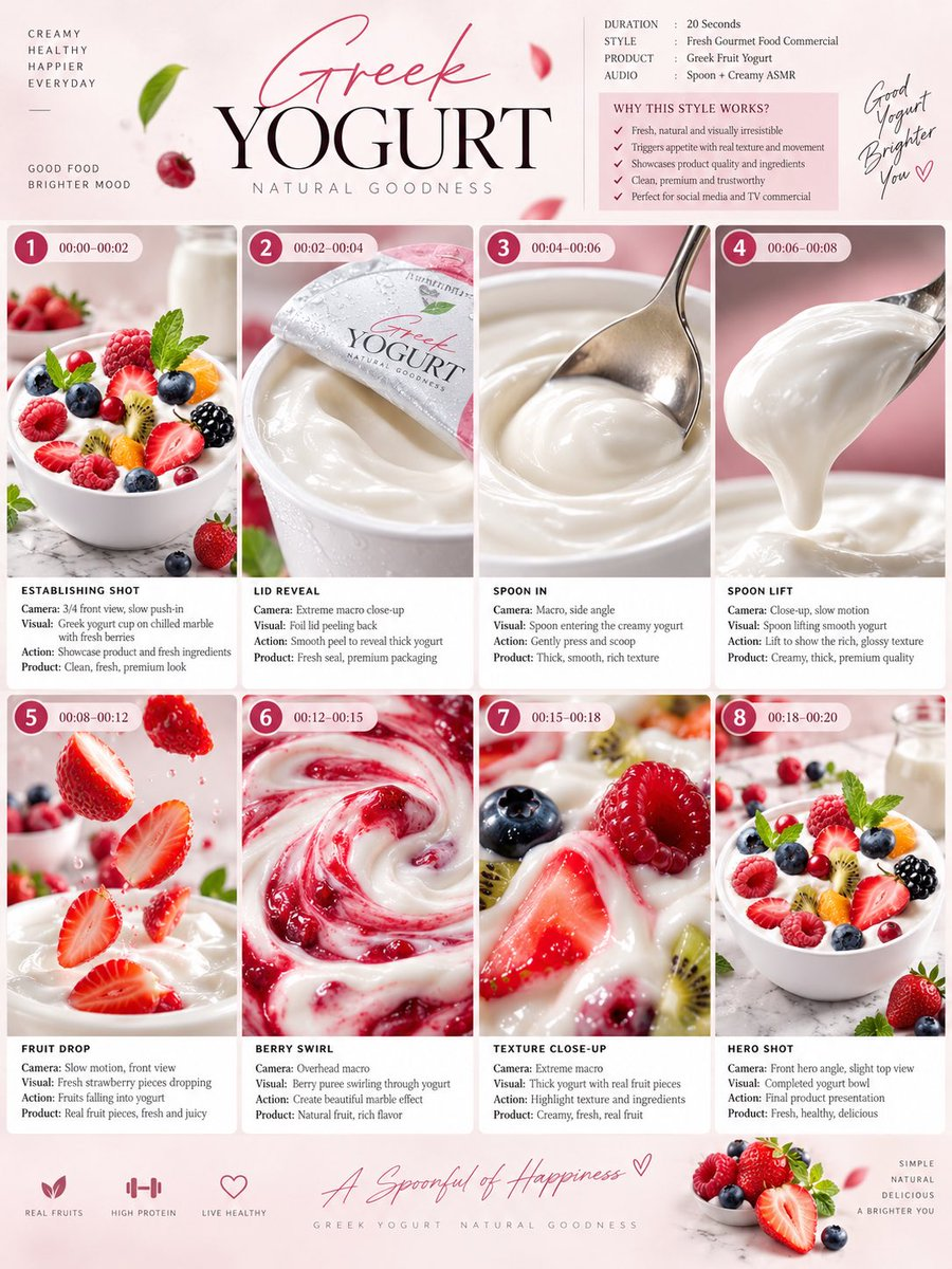 Flux 3 (flux-3.org) prompt example: Greek Yogurt Commercial Storyboard