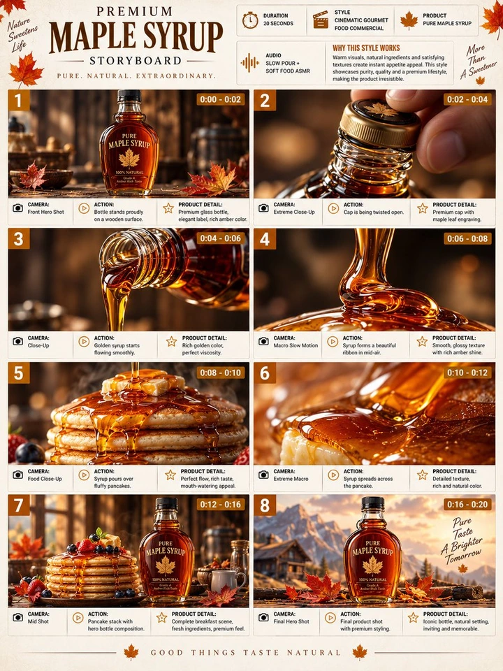 Flux 3 (flux-3.org) prompt example: Maple Syrup Commercial Storyboard