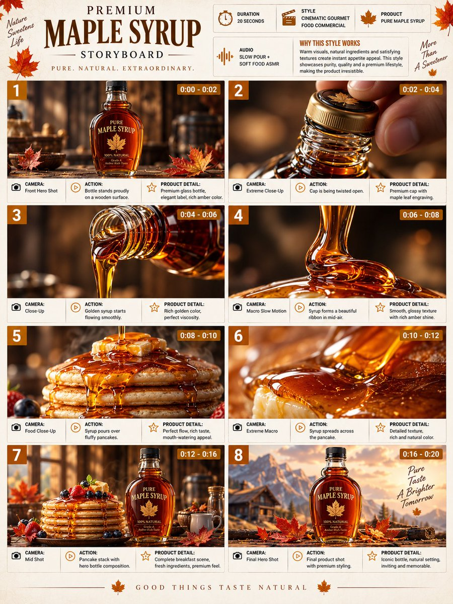 Flux 3 (flux-3.org) prompt example: Maple Syrup Commercial Storyboard