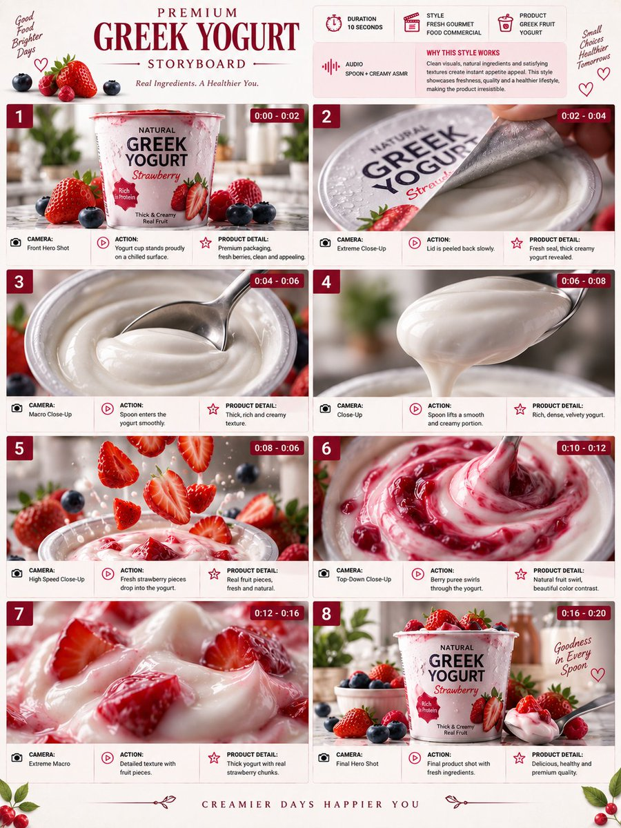 Flux 3 (flux-3.org) prompt example: Premium Yogurt Commercial Storyboard
