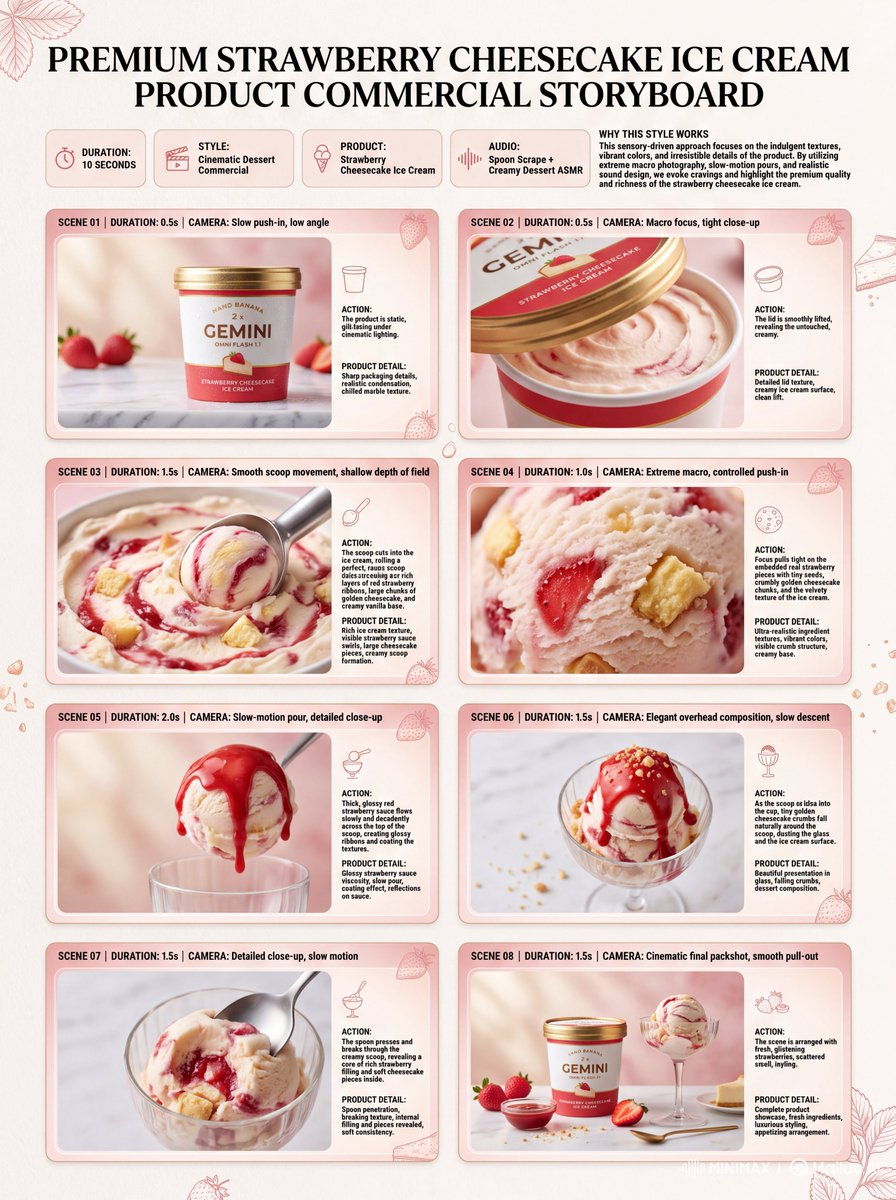 Flux 3 (flux-3.org) prompt example: Strawberry Cheesecake Ice Cream Storyboard
