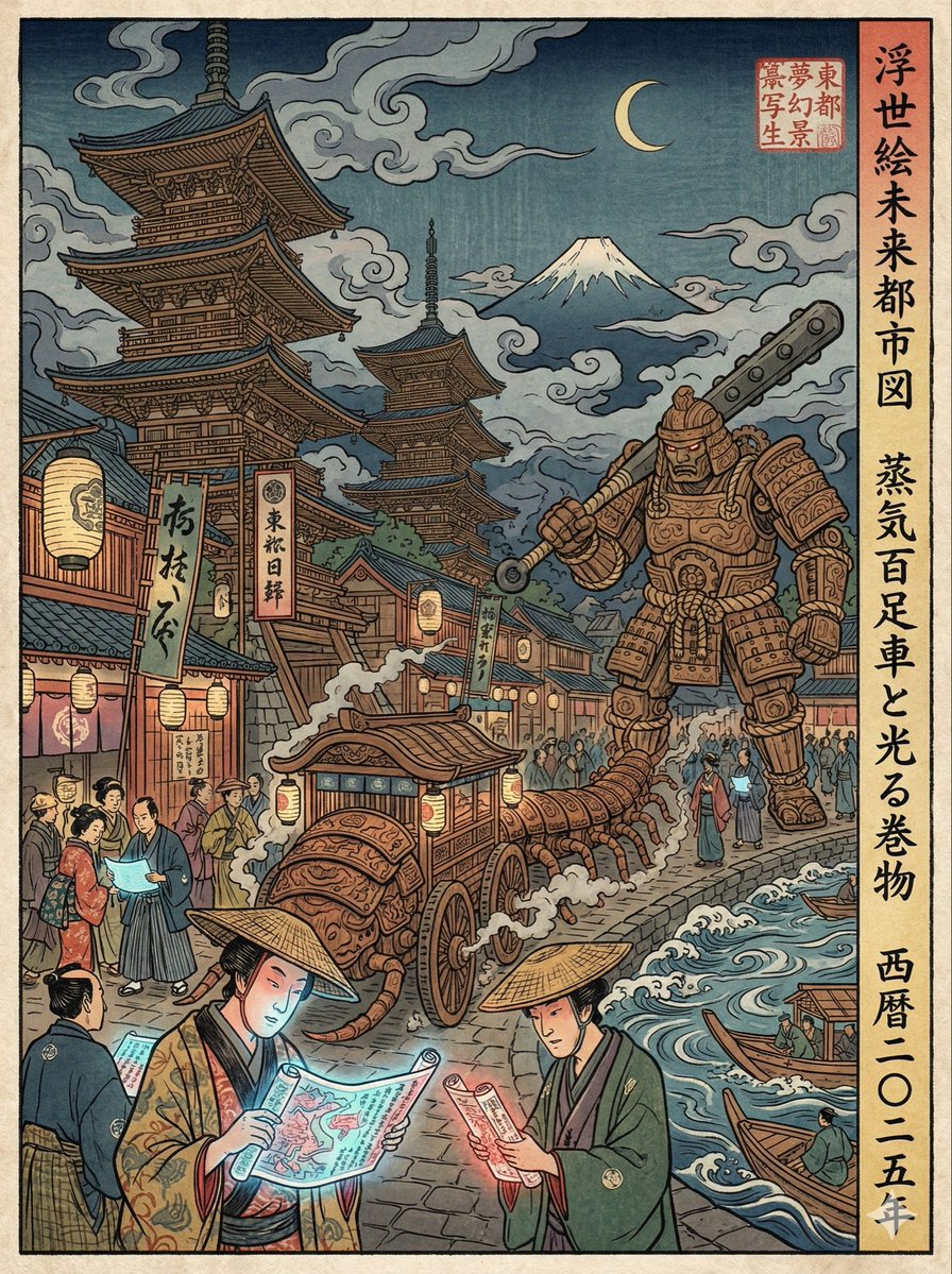 Flux 3 (flux-3.org) prompt example: Edo-period Ukiyo-e reinterpretation of a modern scene