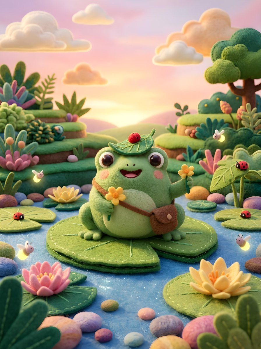 Flux 3 (flux-3.org) prompt example: Cute Felt Frog Scene