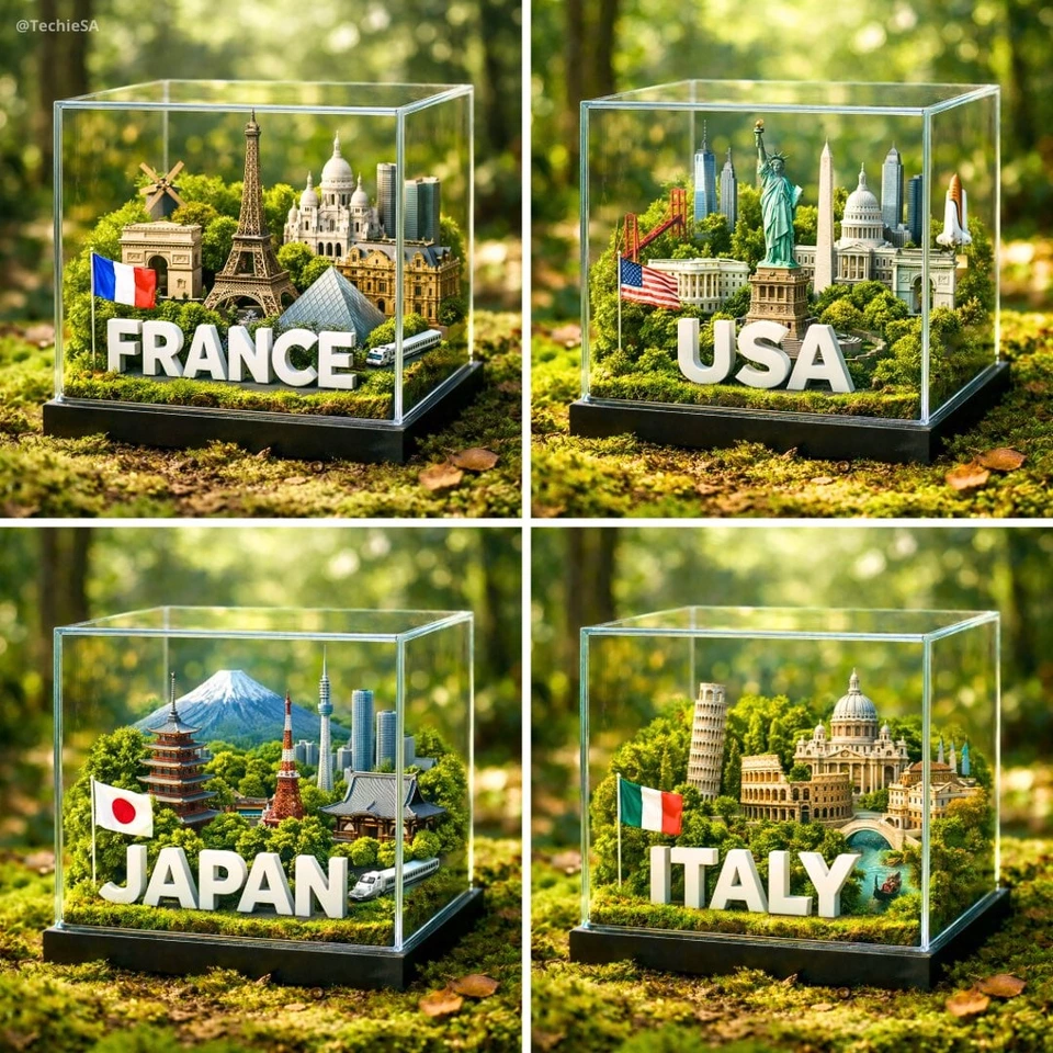Flux 3 (flux-3.org) prompt example: Glass-cube country diorama