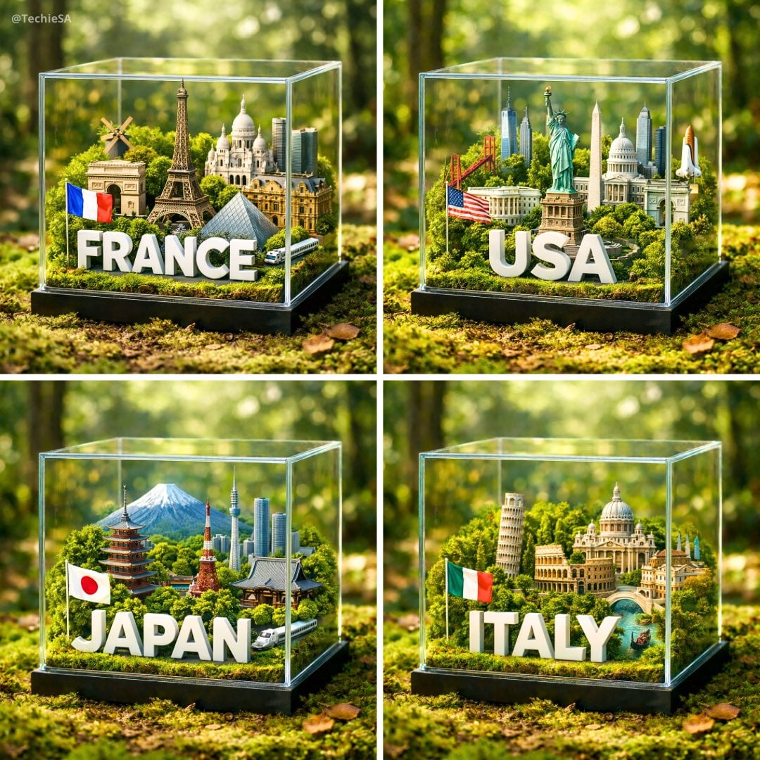 Flux 3 (flux-3.org) prompt example: Glass-cube country diorama
