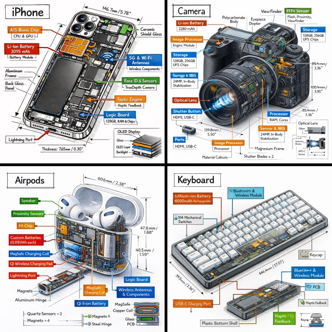 Flux 3 (flux-3.org) prompt example: Isometric product teardown