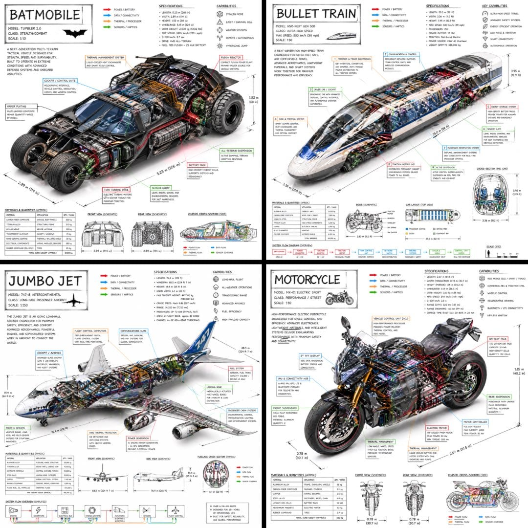 Flux 3 (flux-3.org) prompt example: Isometric vehicle teardown