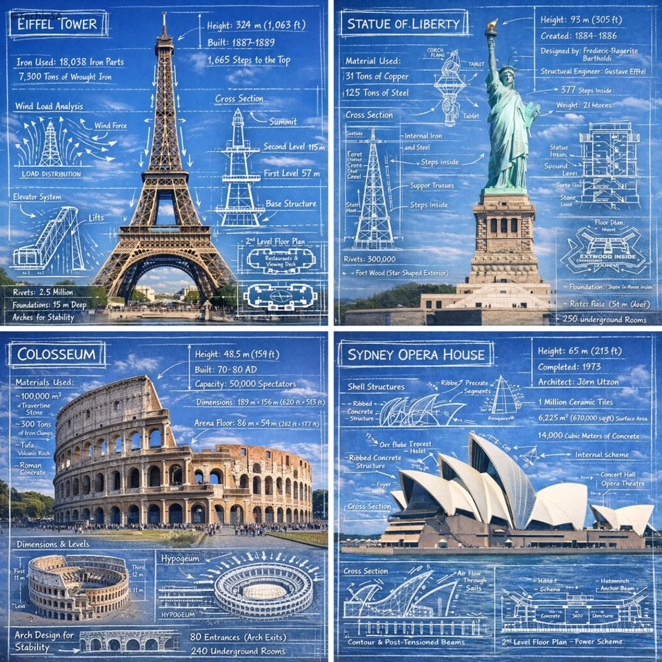 Flux 3 (flux-3.org) prompt example: Landmark blueprint overlay