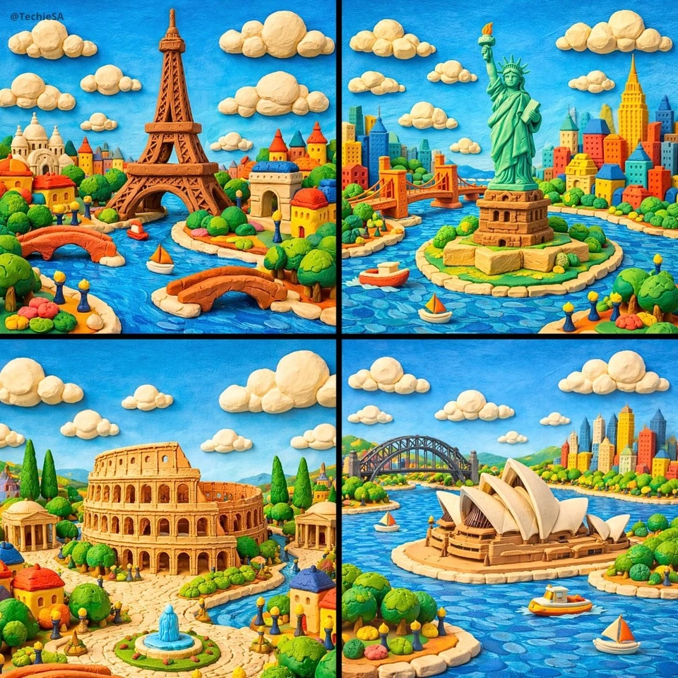 Flux 3 (flux-3.org) prompt example: Modeling-clay landmark world