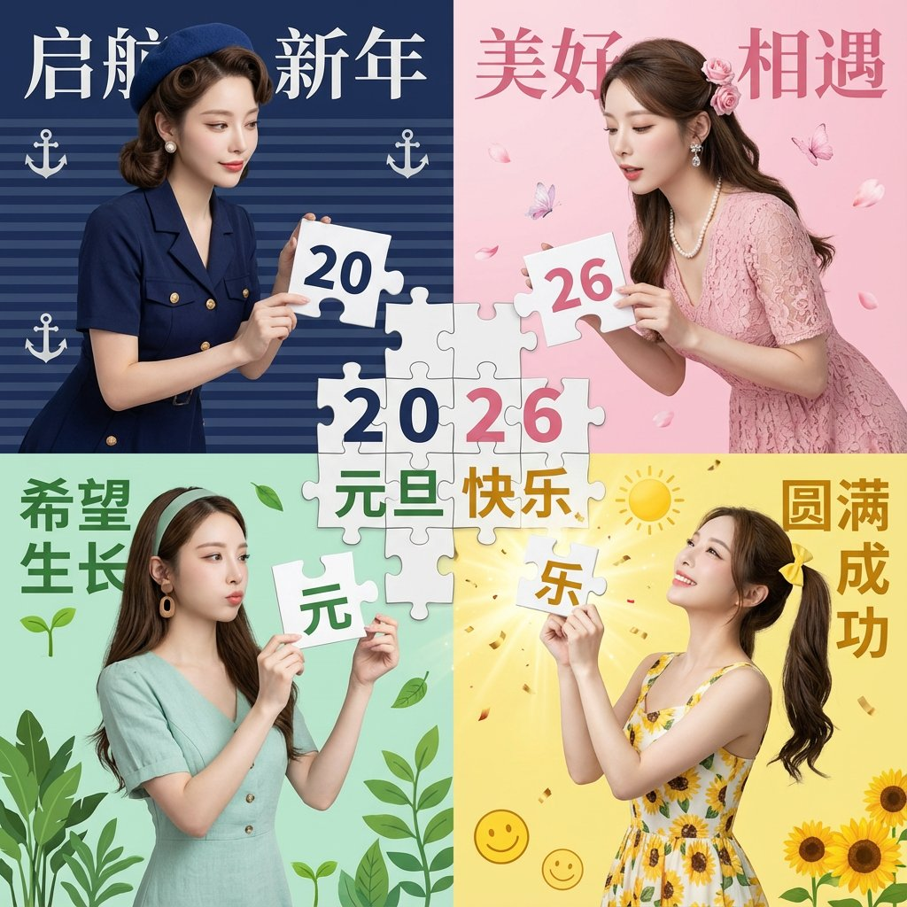 Flux 3 (flux-3.org) prompt example: New Year's Day Special: Four-Panel Puzzle for 2026 Blessing