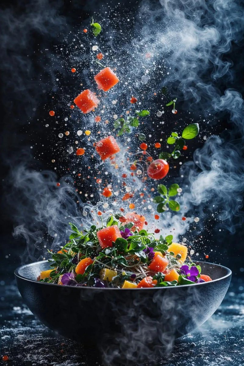 Flux 3 (flux-3.org) prompt example: Suspended food ingredient study