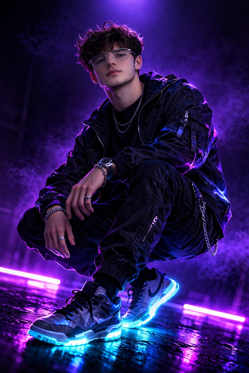 Flux 3 (flux-3.org) prompt example: Neon-violet streetwear editorial