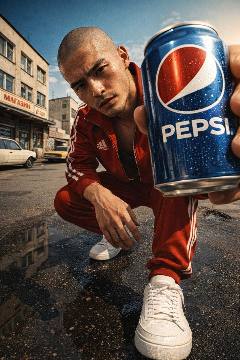 Flux 3 (flux-3.org) prompt example: Low-angle soda fashion editorial