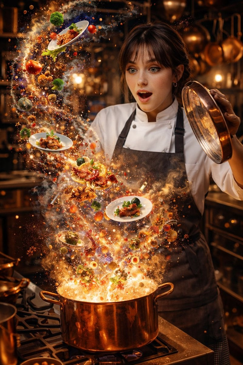 Flux 3 (flux-3.org) prompt example: Chef and magical steaming pot