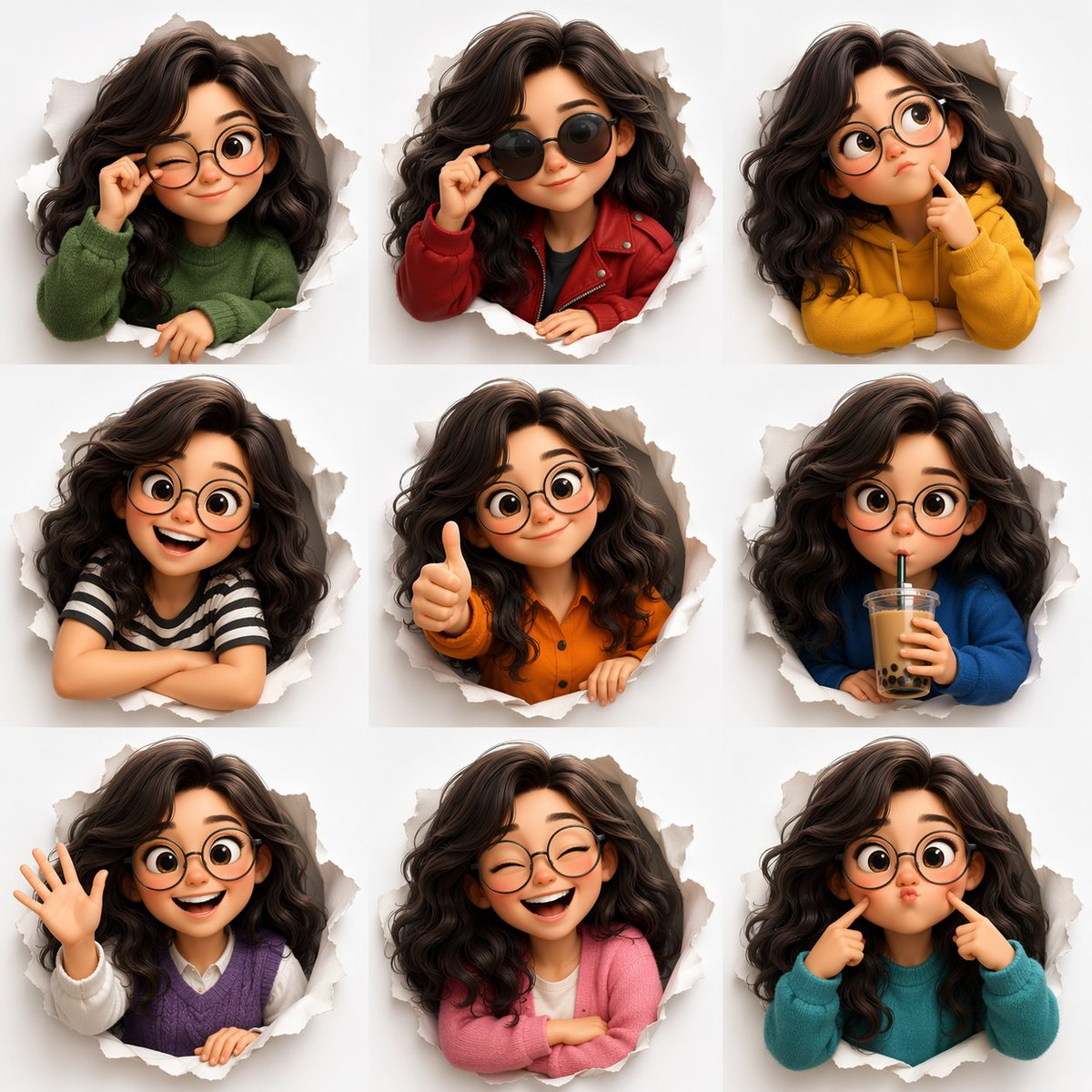 Flux 3 (flux-3.org) prompt example: Nine-expression cartoon avatar sheet