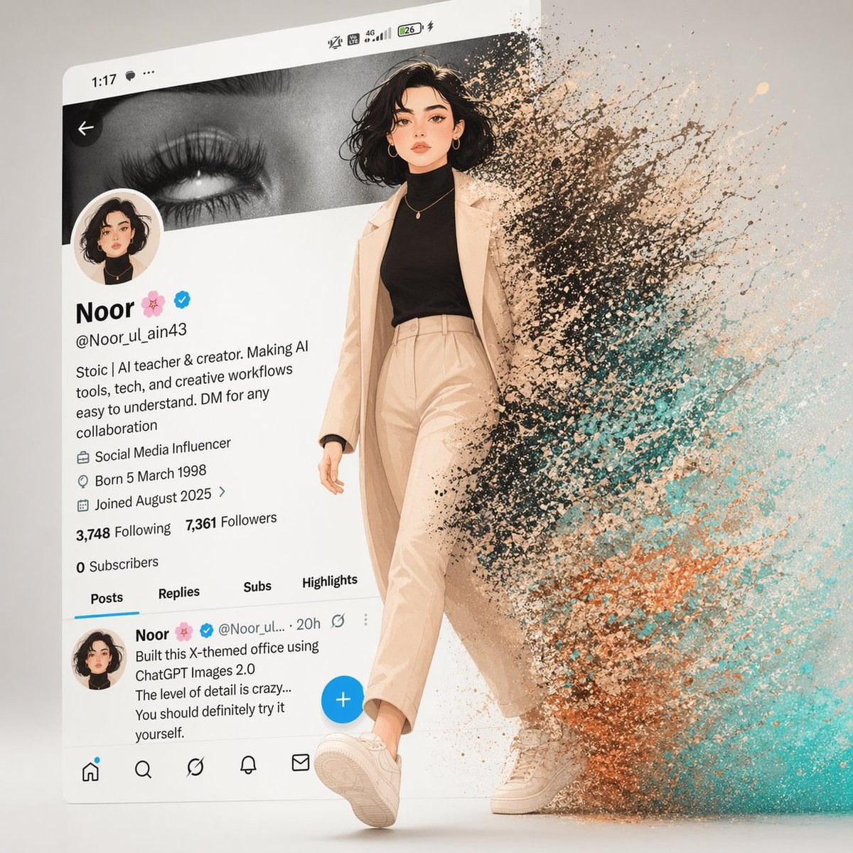 Flux 3 (flux-3.org) prompt example: Character stepping out of a social profile