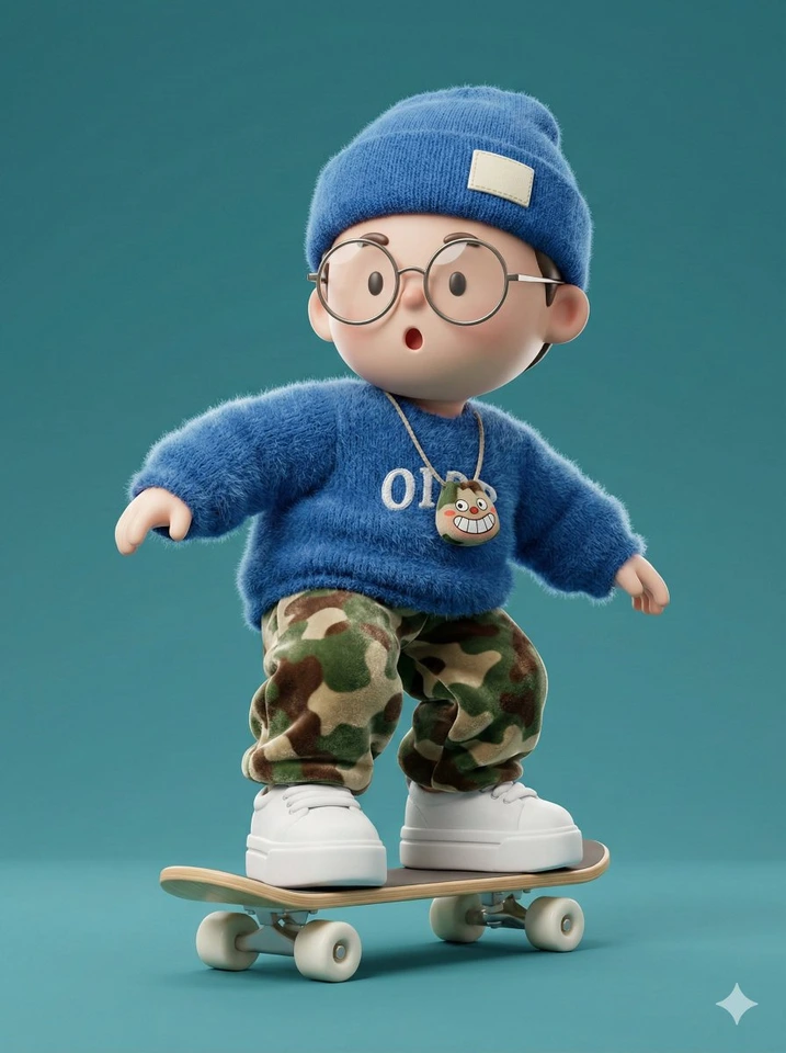Flux 3 (flux-3.org) prompt example: Fuzzy-sweater skateboard character