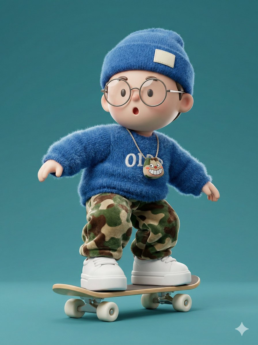 Flux 3 (flux-3.org) prompt example: Fuzzy-sweater skateboard character
