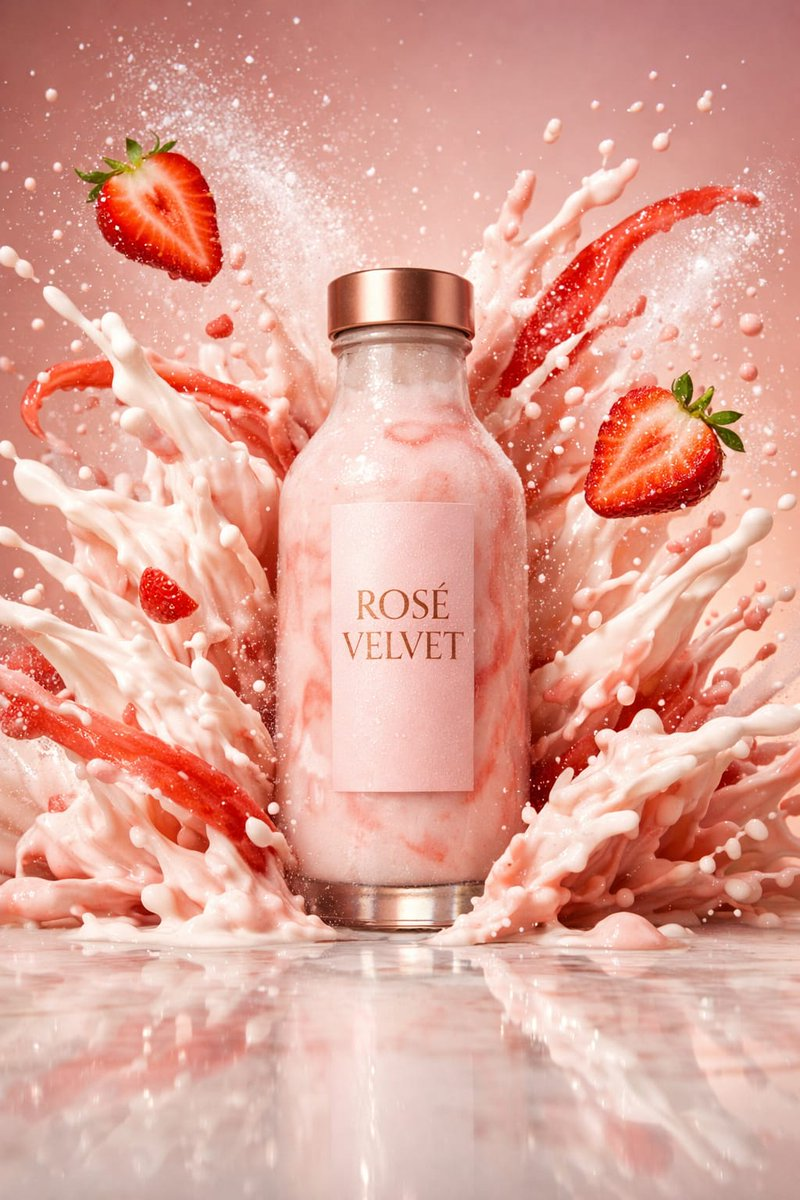 Flux 3 (flux-3.org) prompt example: Strawberry shake splash campaign