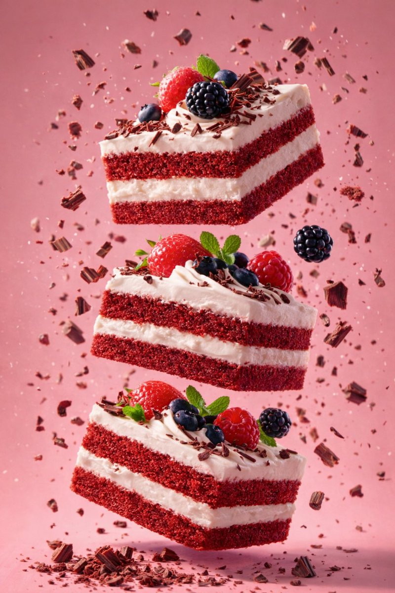 Flux 3 (flux-3.org) prompt example: Floating red velvet cake