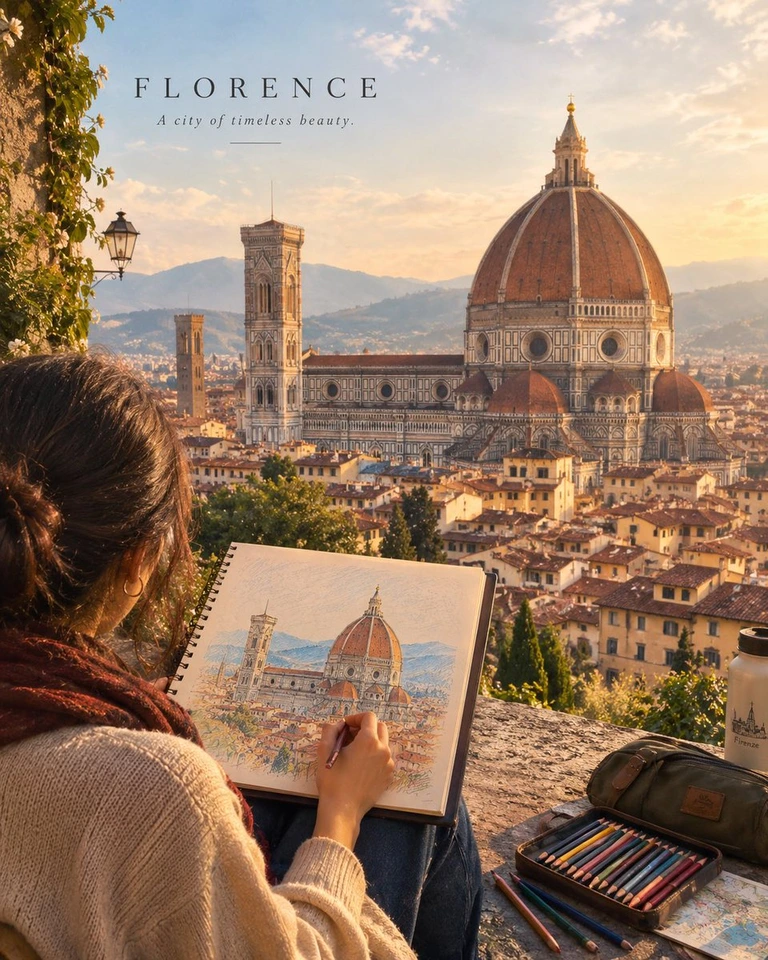 Flux 3 (flux-3.org) prompt example: Cinematic Travel Artist Sketching Landmark