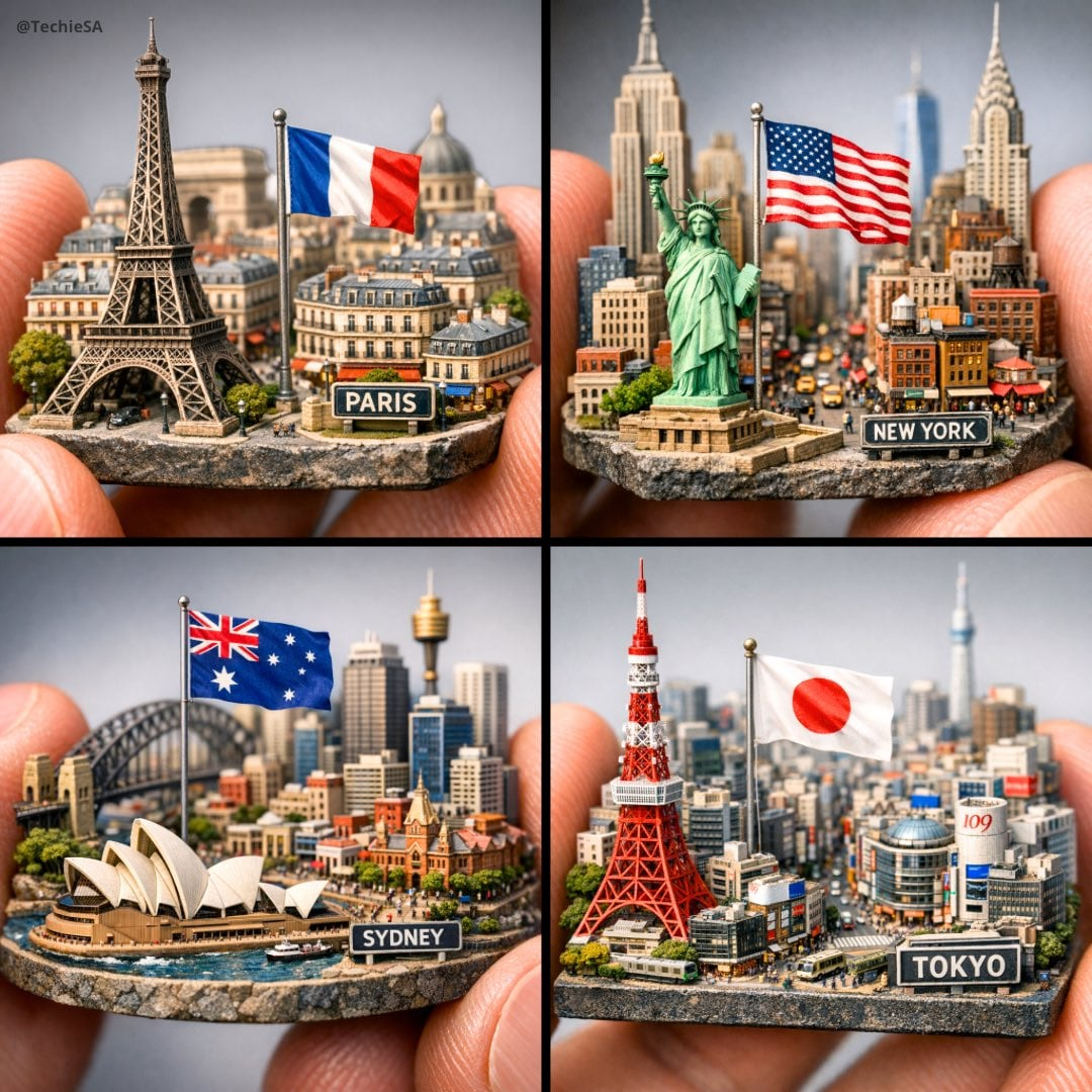 Flux 3 (flux-3.org) prompt example: Tiny city between fingers