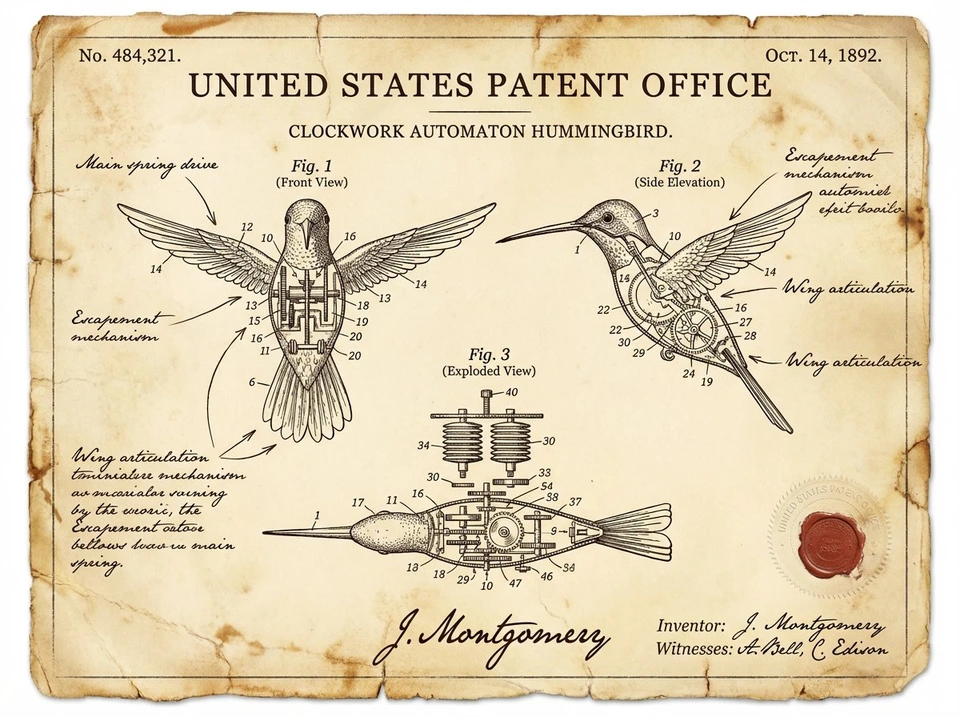 Flux 3 (flux-3.org) prompt example: Vintage Patent Document for an Invention