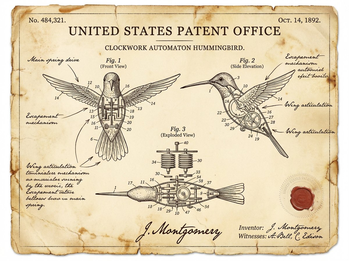 Flux 3 (flux-3.org) prompt example: Vintage Patent Document for an Invention