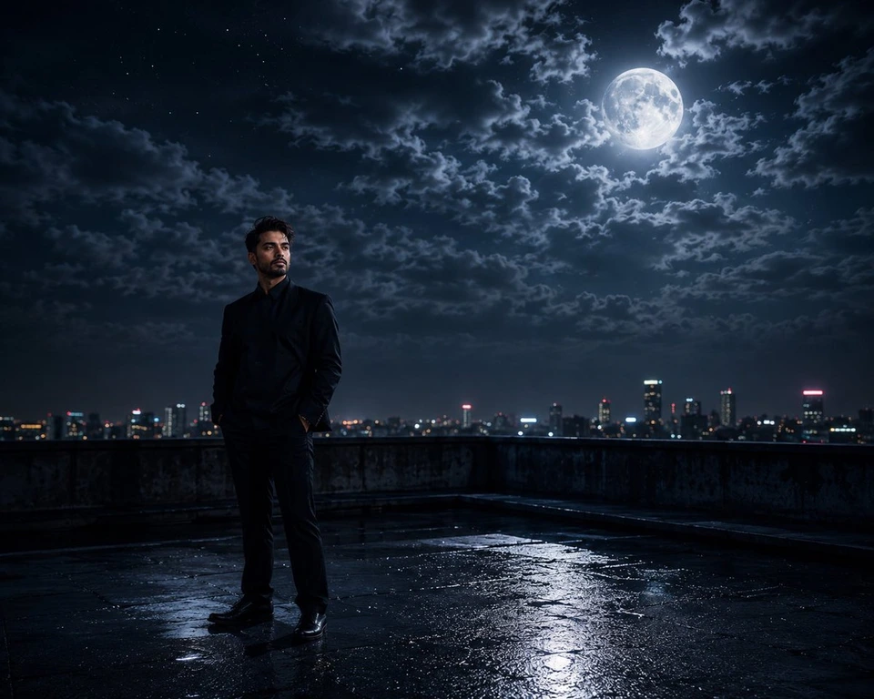 Flux 3 (flux-3.org) prompt example: Cinematic Moonlight Rooftop Portrait Collage