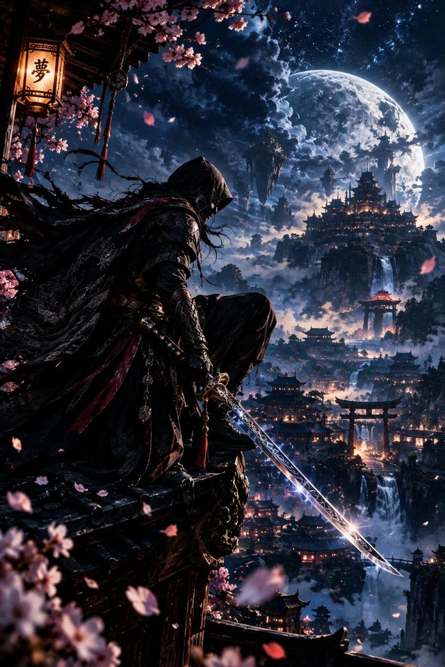 Flux 3 (flux-3.org) prompt example: Hooded Assassin on Temple Rooftop Fantasy Art
